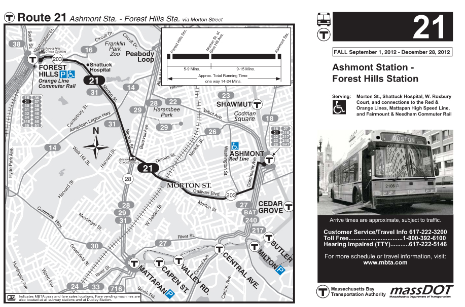 This page is the MBTA map of bus Route 21, between Ashmont Station and Forest Hills Station.